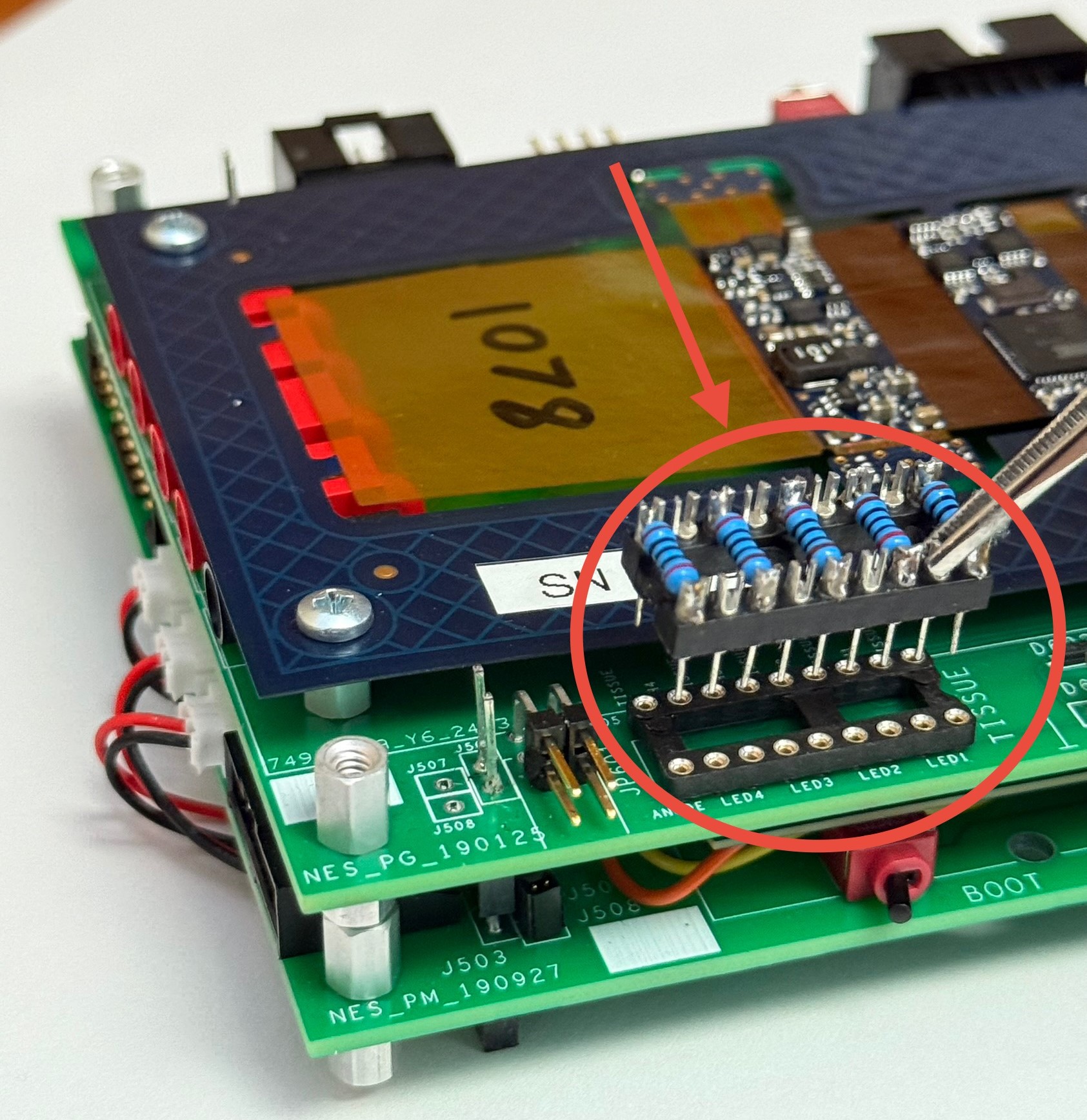 5 resistors soldered across pin connector array