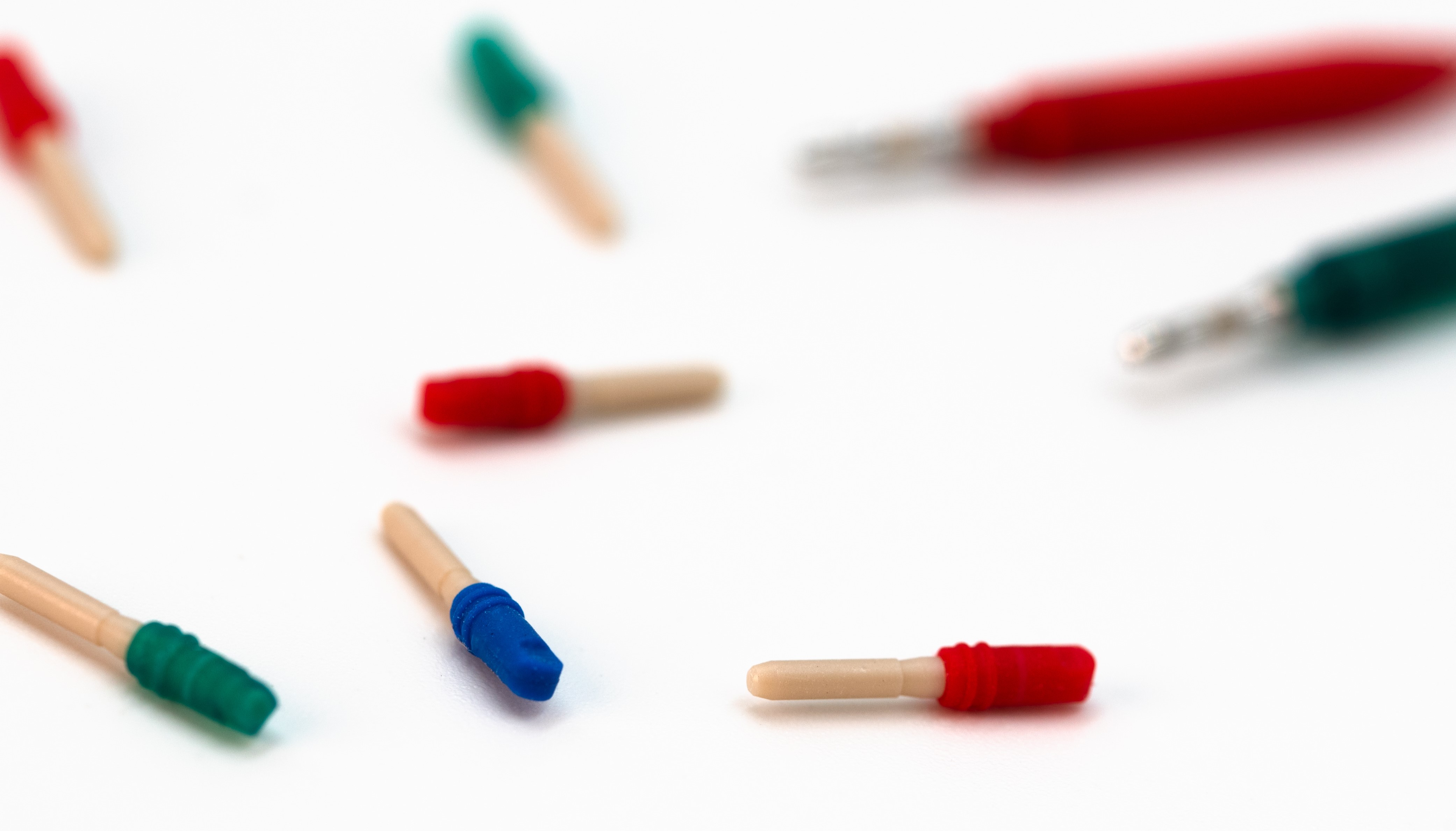 macro view of multiple color coded port plugs